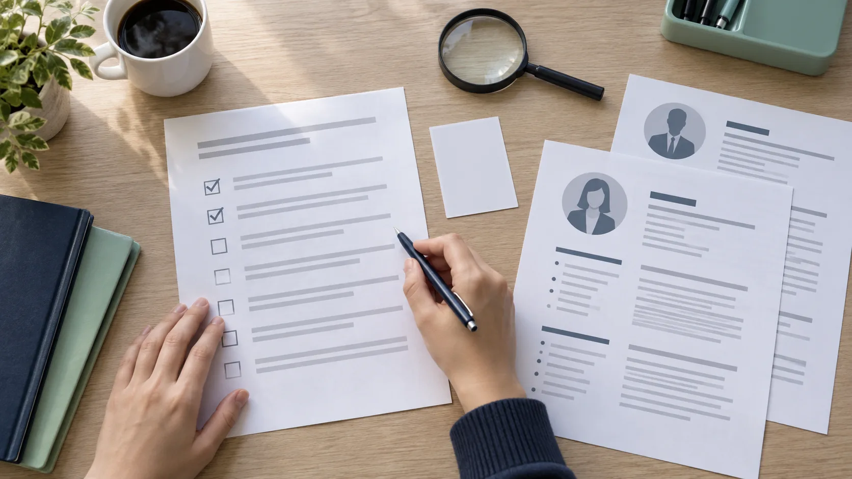 Hands checking an anonymous application instruction sheet beside resume pages and a blank portrait card