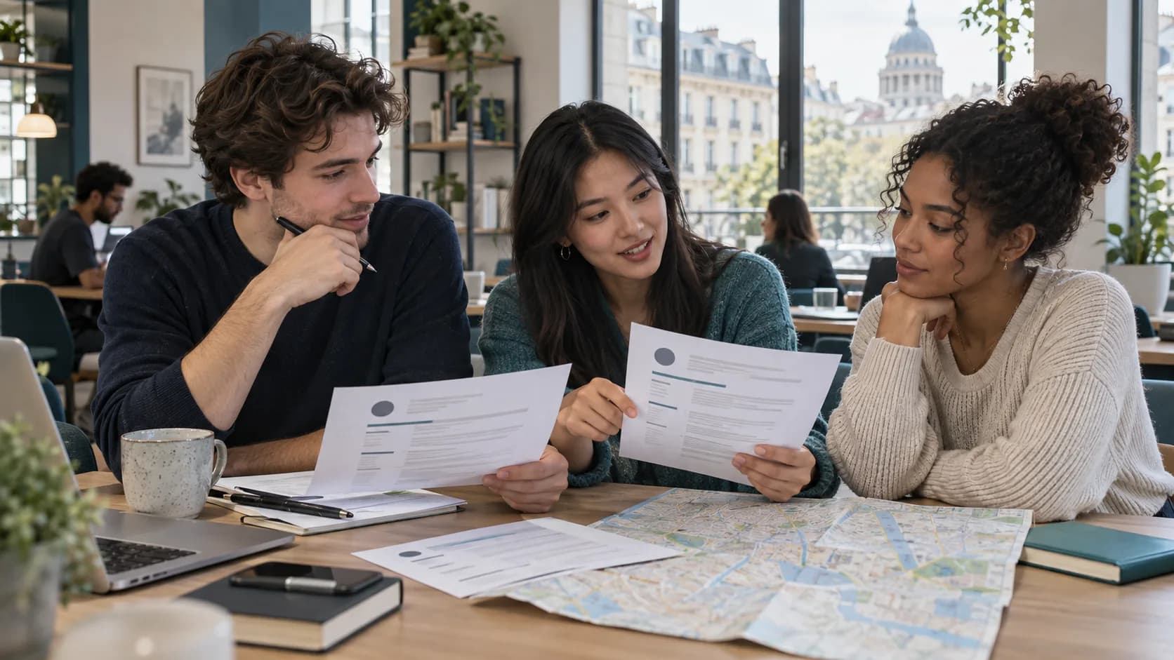 Three young professionals comparing anonymous resume pages while planning international applications
