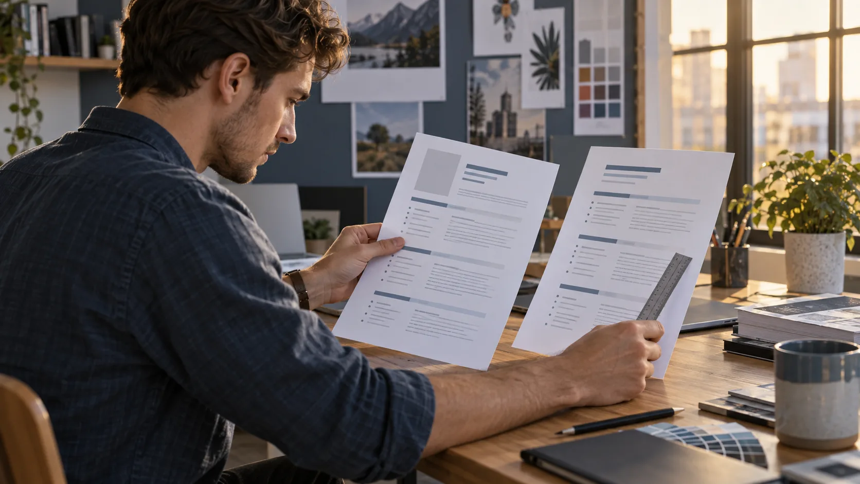 Young designer checking the layout of two anonymous resume printouts, one with a restrained photo area and one without