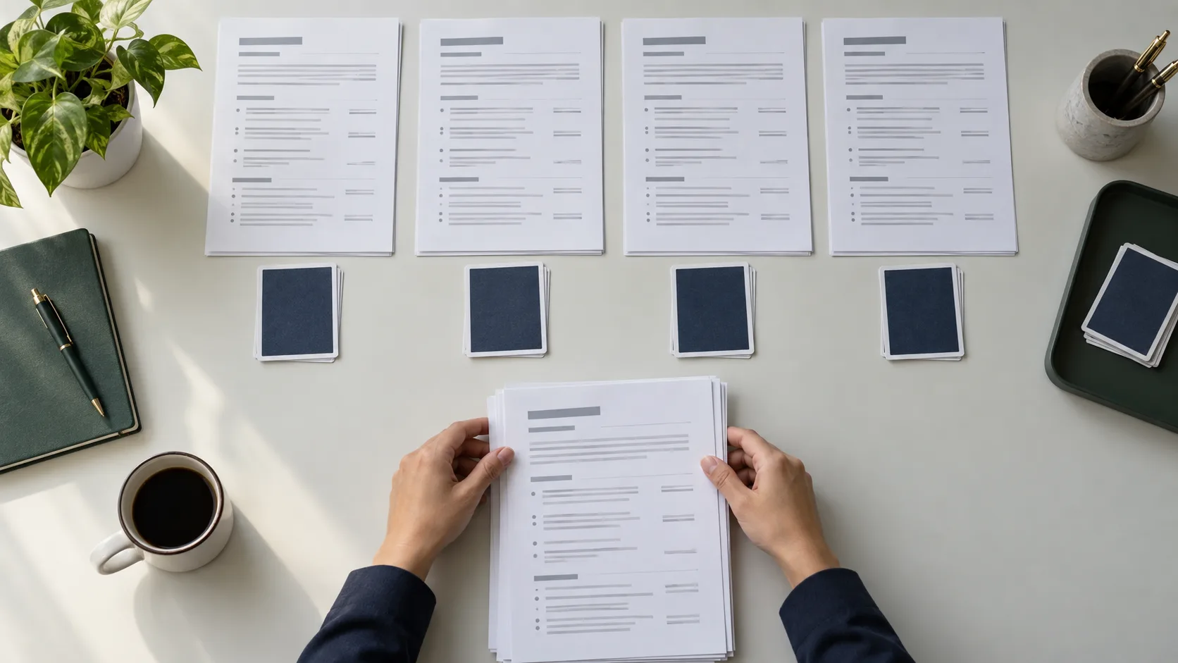 Anonymous resume pages arranged with portrait cards turned face down to illustrate privacy-aware screening