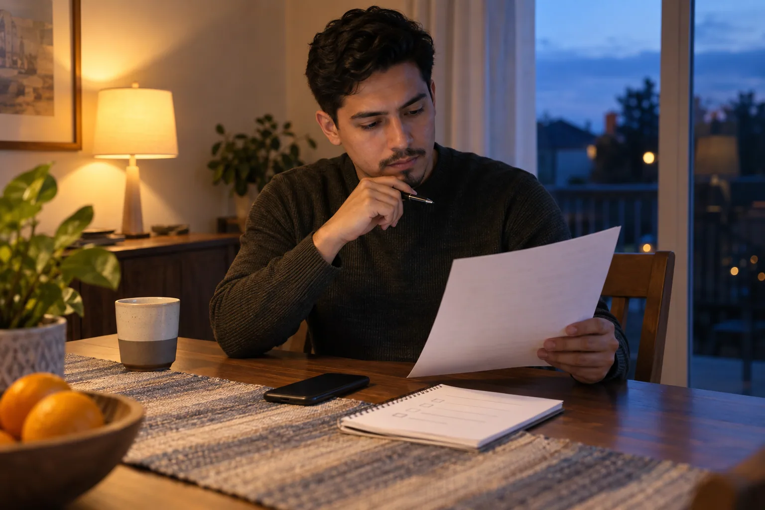 Applicant checking a private reference sheet and a simple checklist at home in the evening