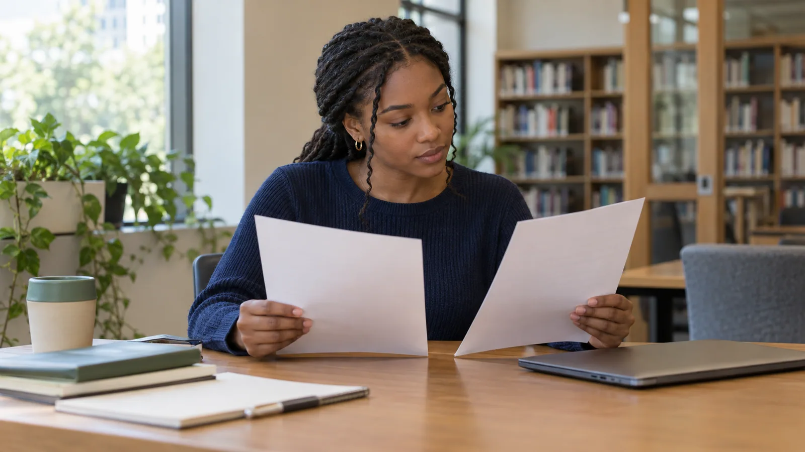 Professional reviewing a resume and a separate blank reference sheet in a quiet library