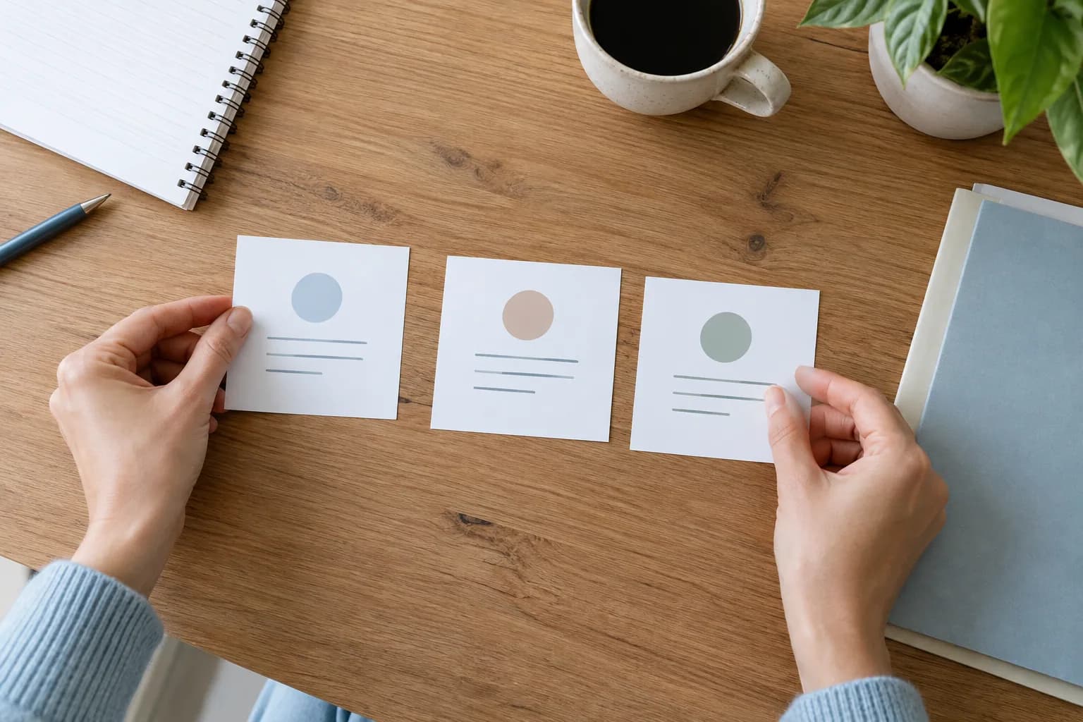 Hands arranging three blank reference cards on a desk to match different kinds of work evidence