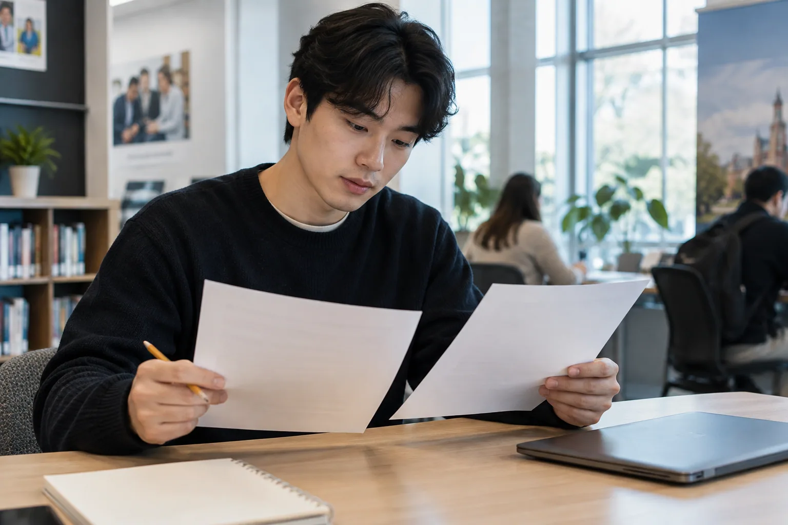 Early-career applicant comparing a resume with a separate blank reference page at a career center