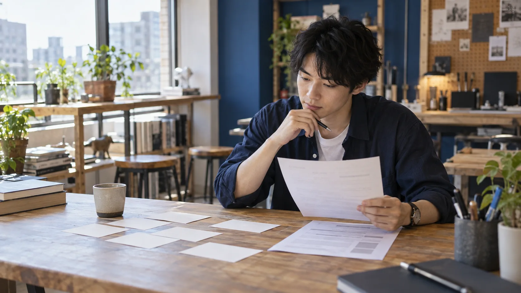 Young professional comparing anonymous skill cards with a job brief in a bright makerspace