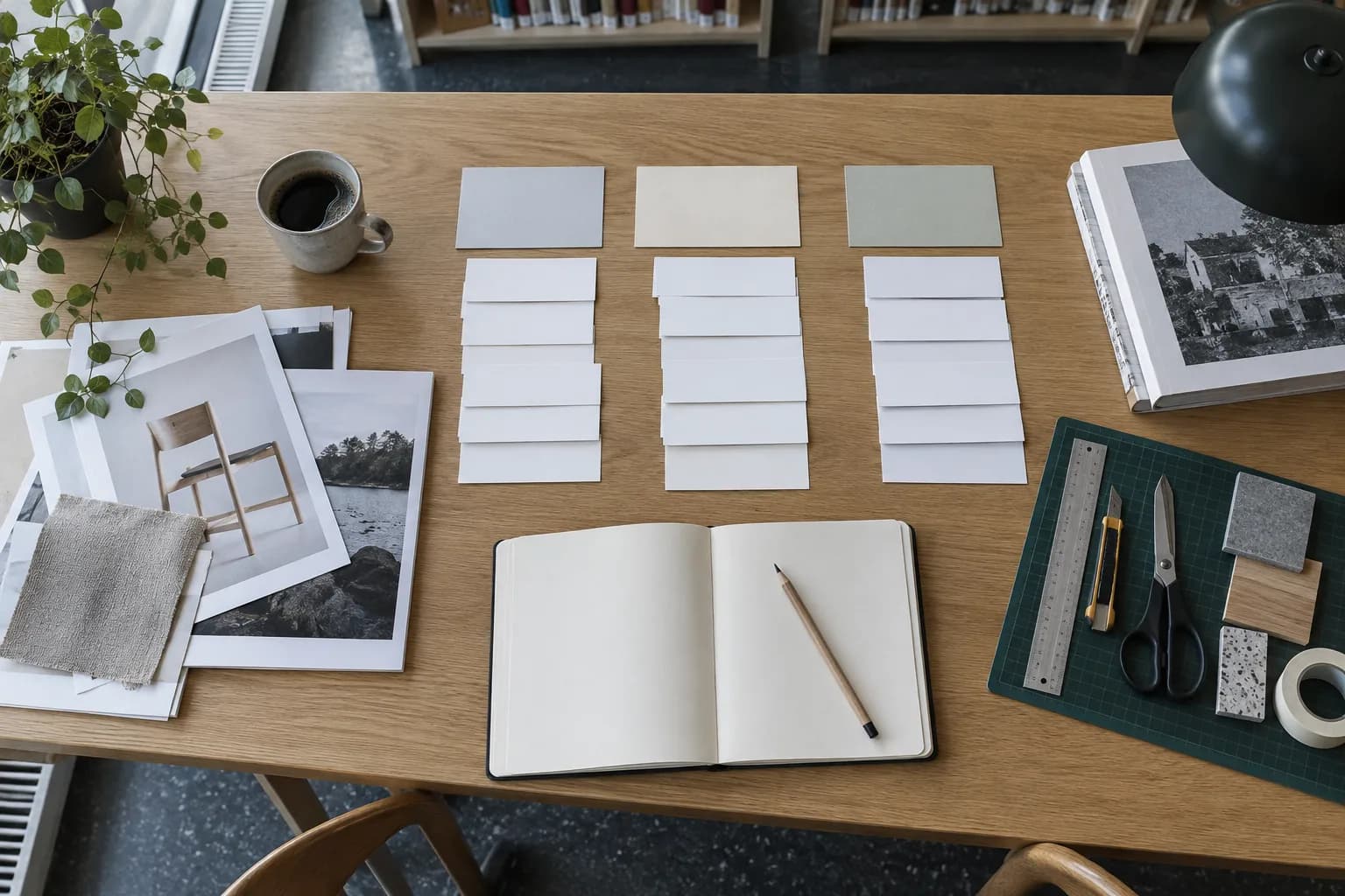 Overhead view of blank skill cards, a notebook and work materials arranged for a private inventory