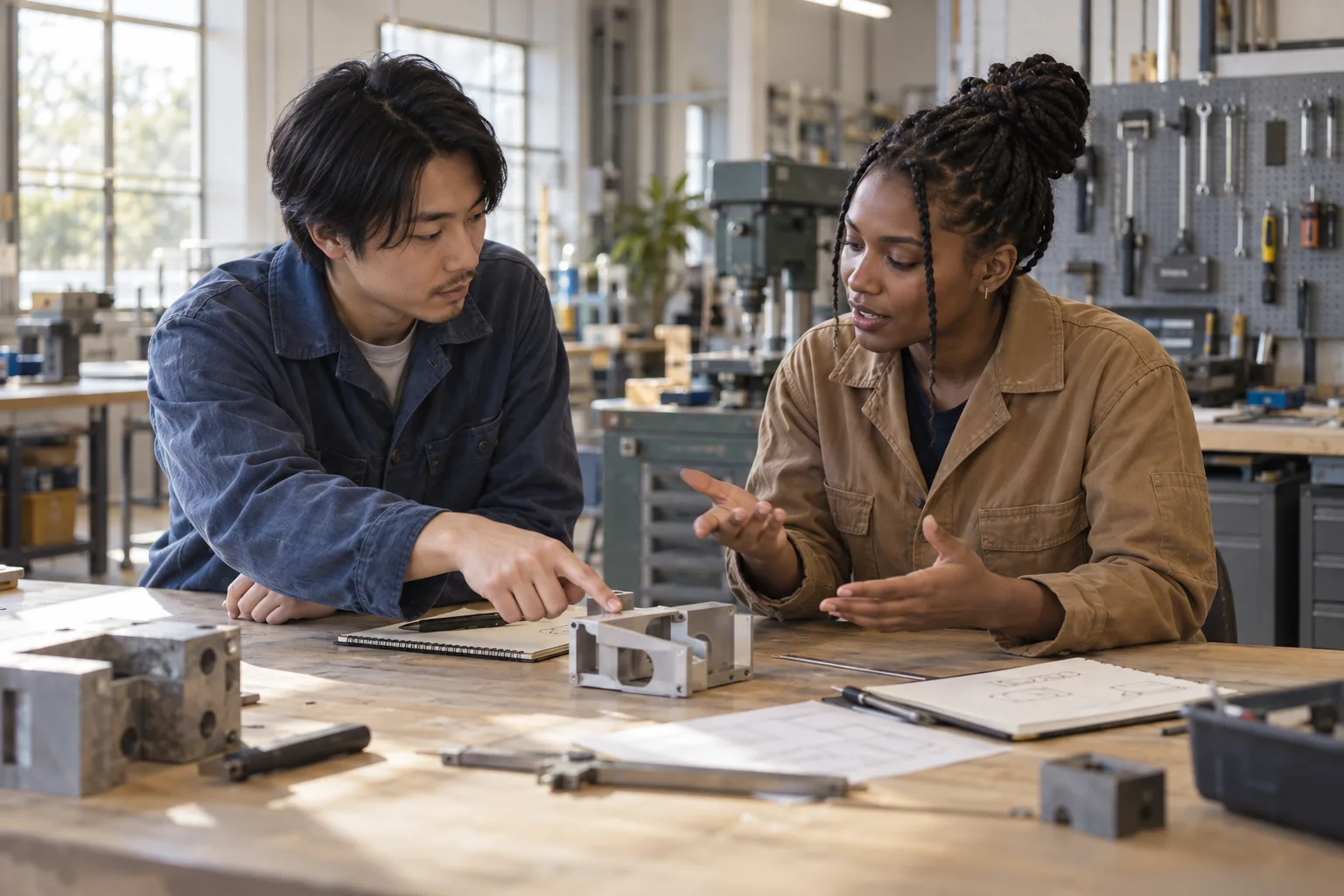 Two young colleagues discussing a prototype and project notes in a shared workshop
