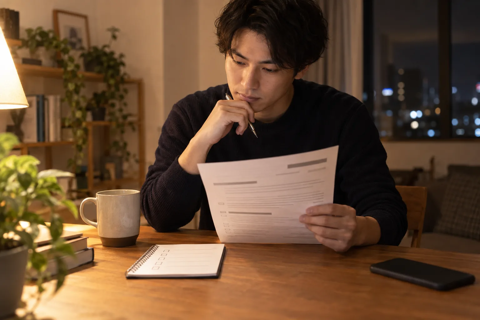 Young professional checking an anonymous printed resume beside a laptop in warm evening light