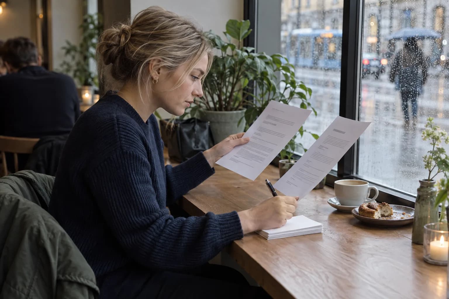 Young professional in a cafe comparing a job description with anonymous notes and skill cards