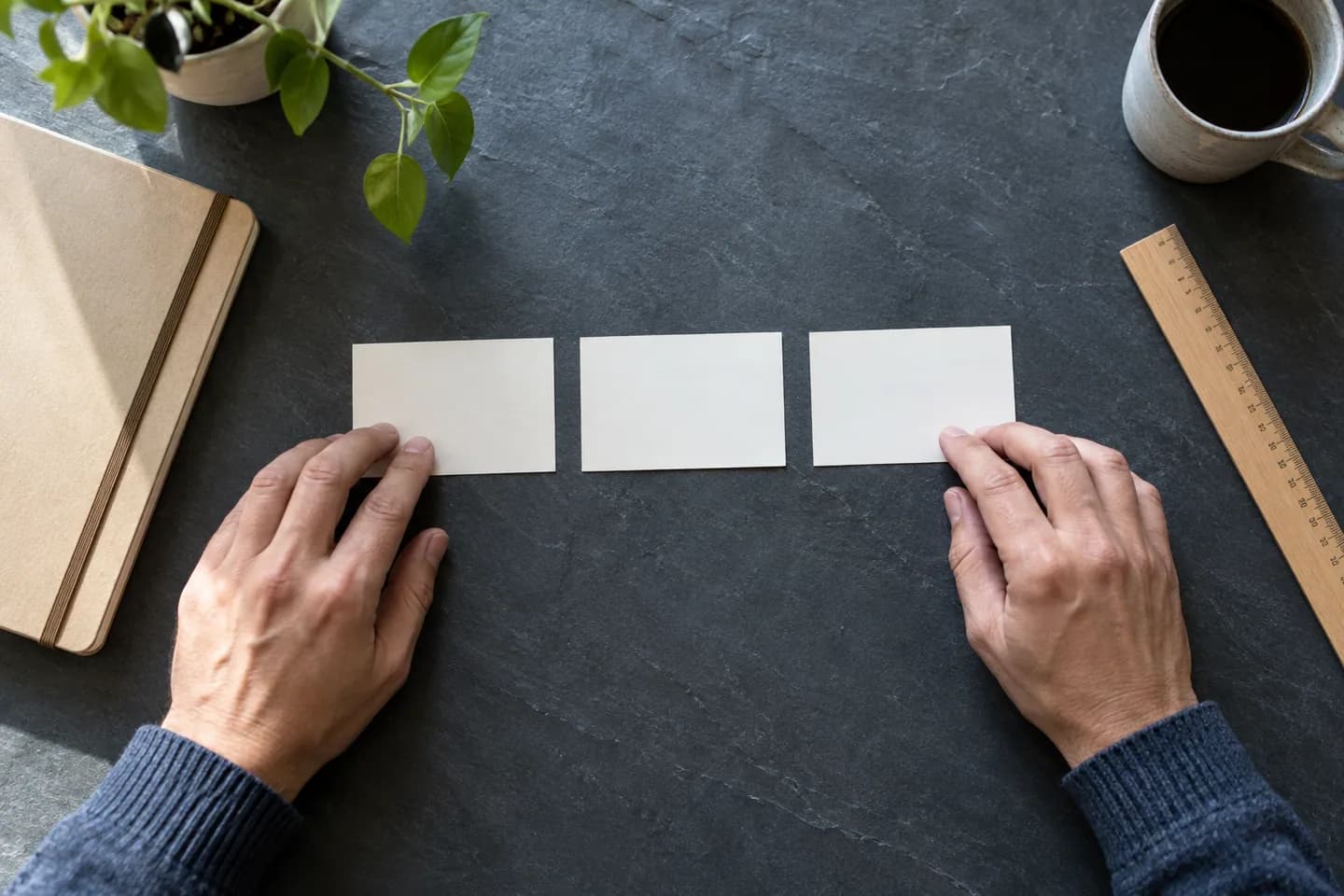 Hands aligning three blank timeline cards on a dark desk beside a ruler and notebook