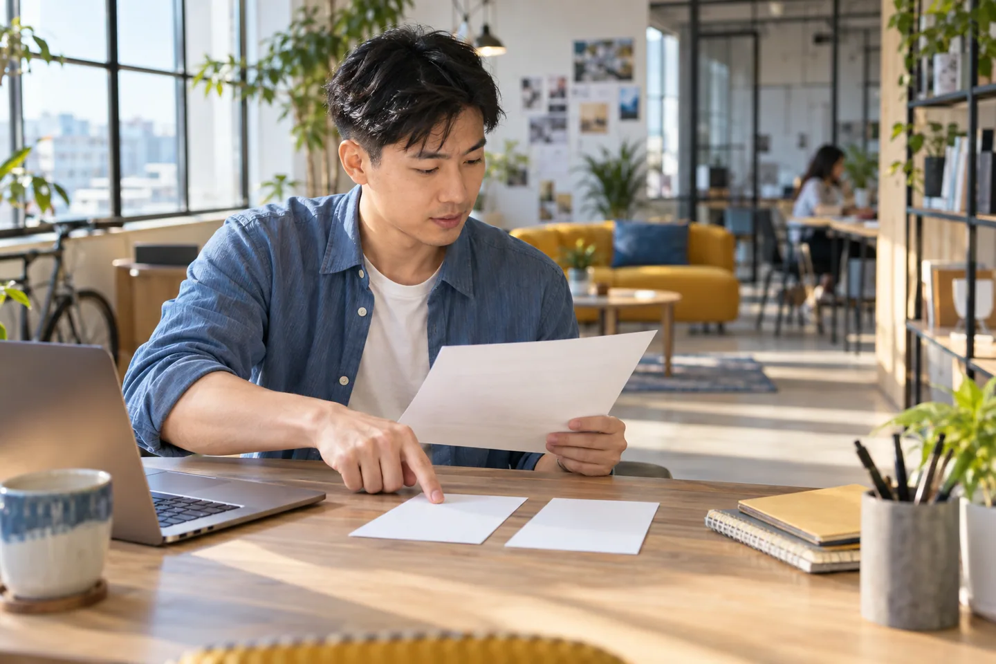 Professional comparing a plain job brief with blank work-sample cards at a coworking table