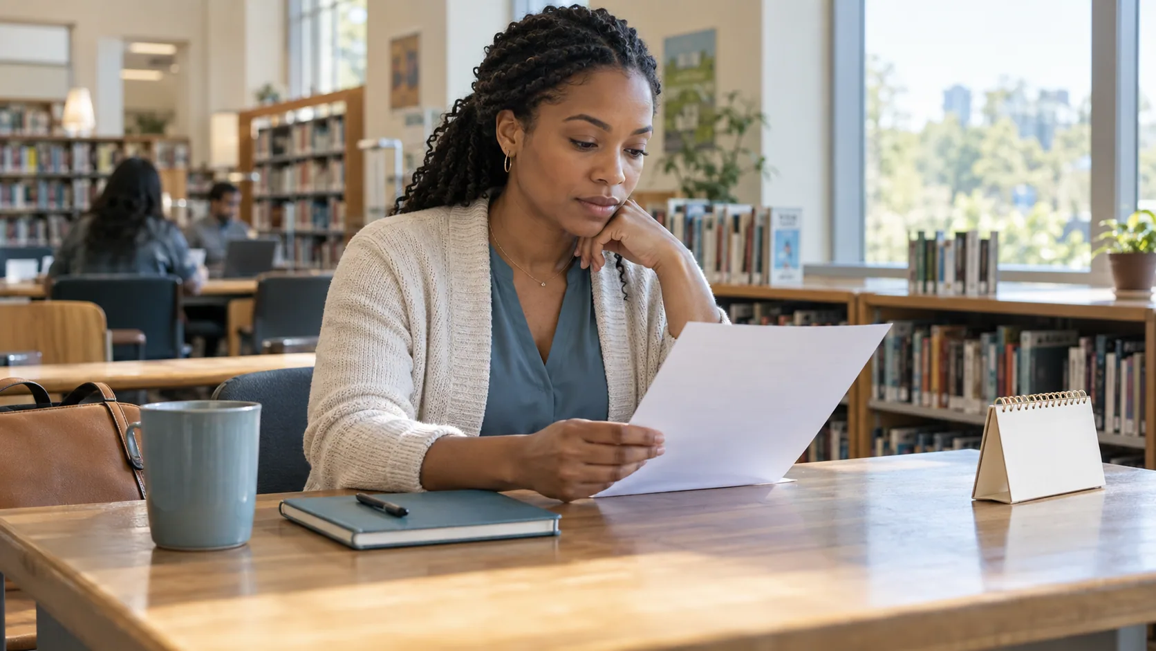 Working-age woman reviewing a plain resume at a sunlit public library table beside a blank desk calendar