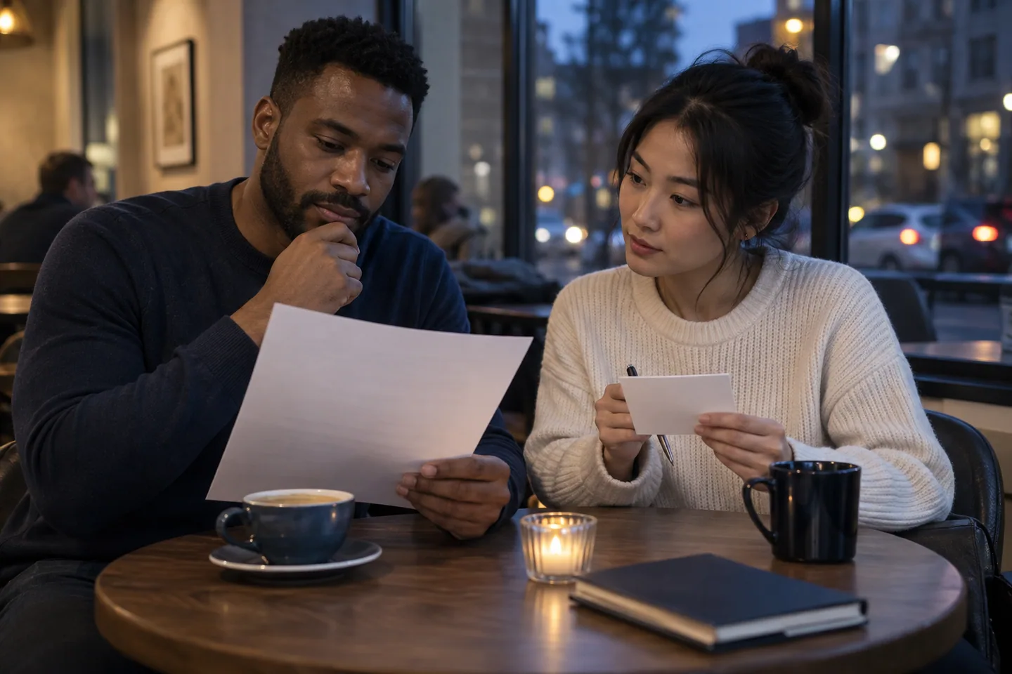 Two adults reviewing an unmarked resume sheet and interview note together at a quiet café table