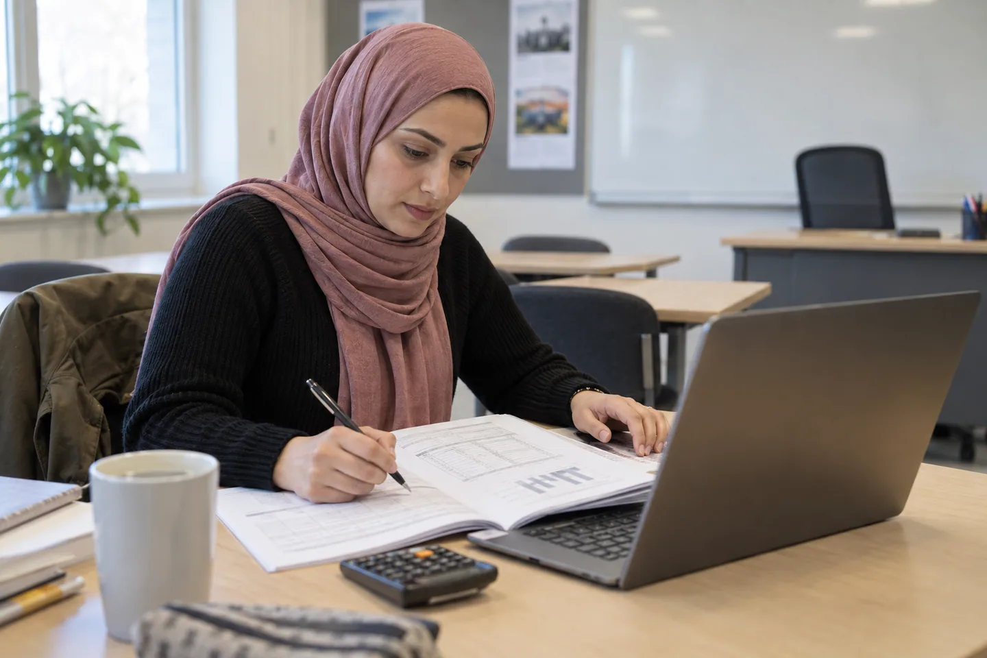Adult learner reviewing a workbook and laptop at a quiet professional training classroom desk