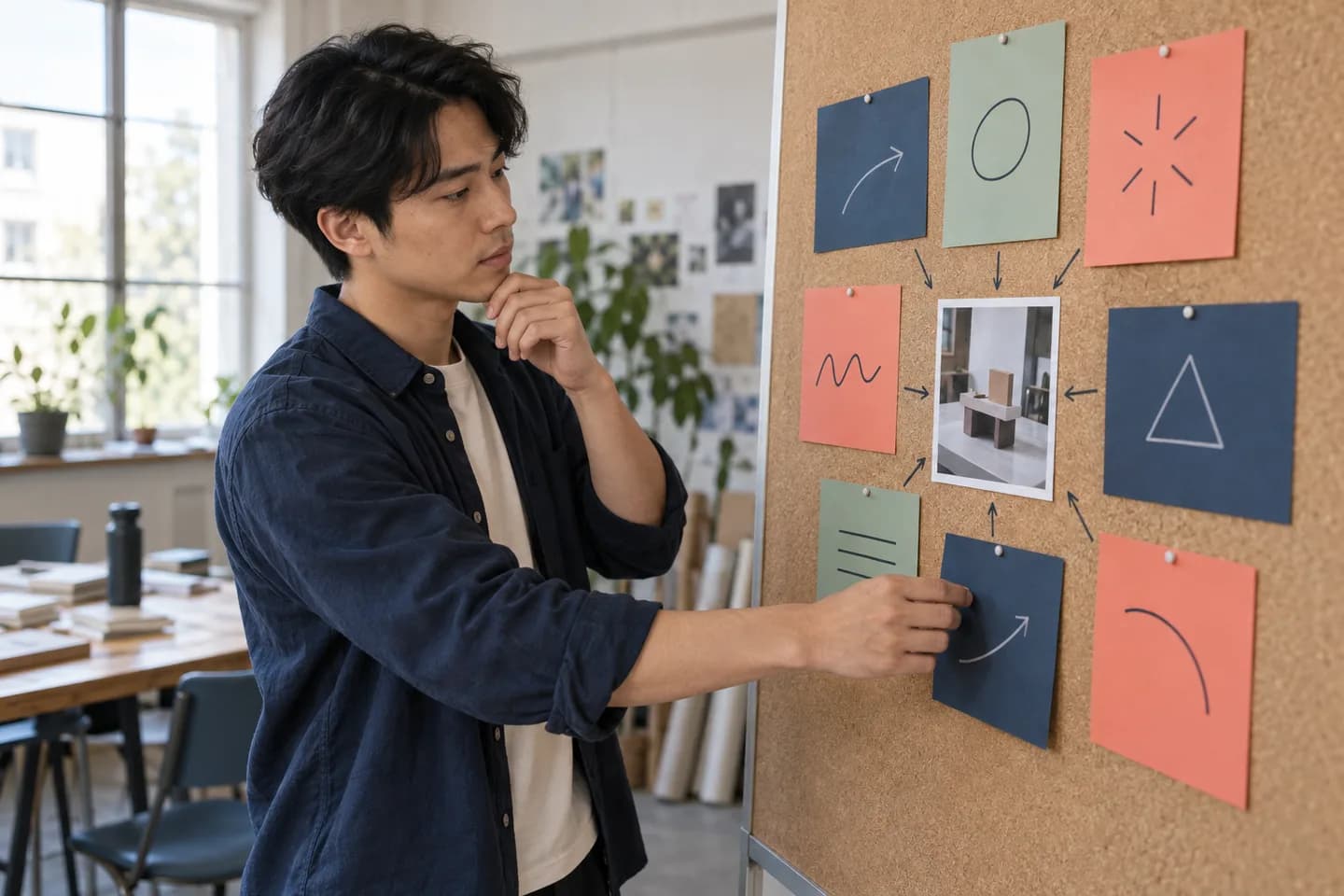 Young professional arranging blank story cards around a project photograph on a studio pinboard
