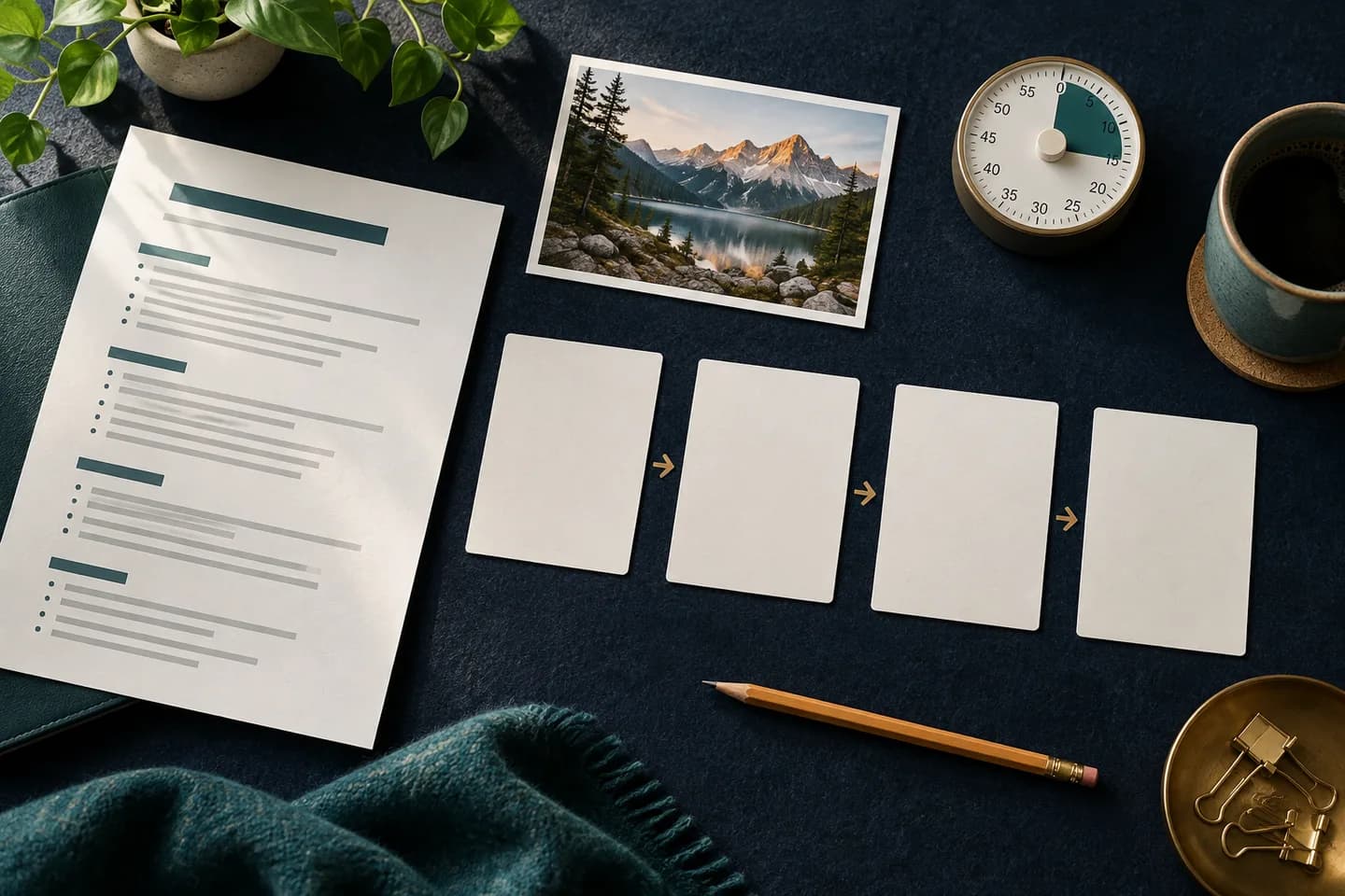 Overhead view of a resume, four blank STAR cards, a timer, and a project photograph on a navy table