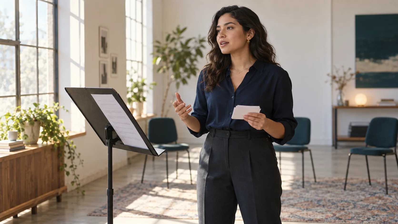 Young professional rehearsing an interview story from blank evidence cards beside a printed resume
