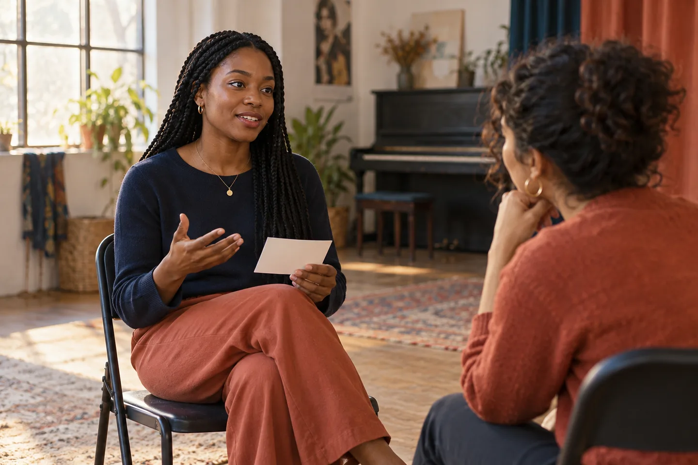 Young professional practising an interview answer with a trusted peer in a bright community room