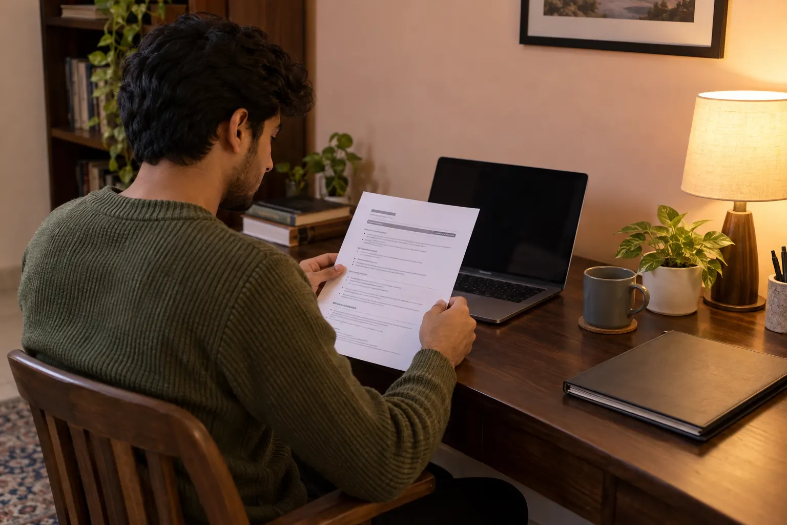 Jeune homme en pull olive vérifiant un CV imprimé près d'un ordinateur et d'une chemise sur un bureau à domicile