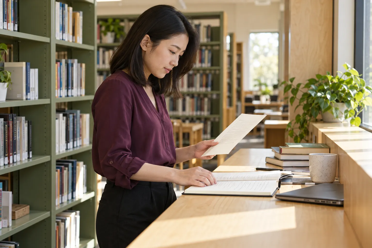 Jeune femme en chemisier prune comparant un court paragraphe imprimé à un carnet sur une table de bibliothèque