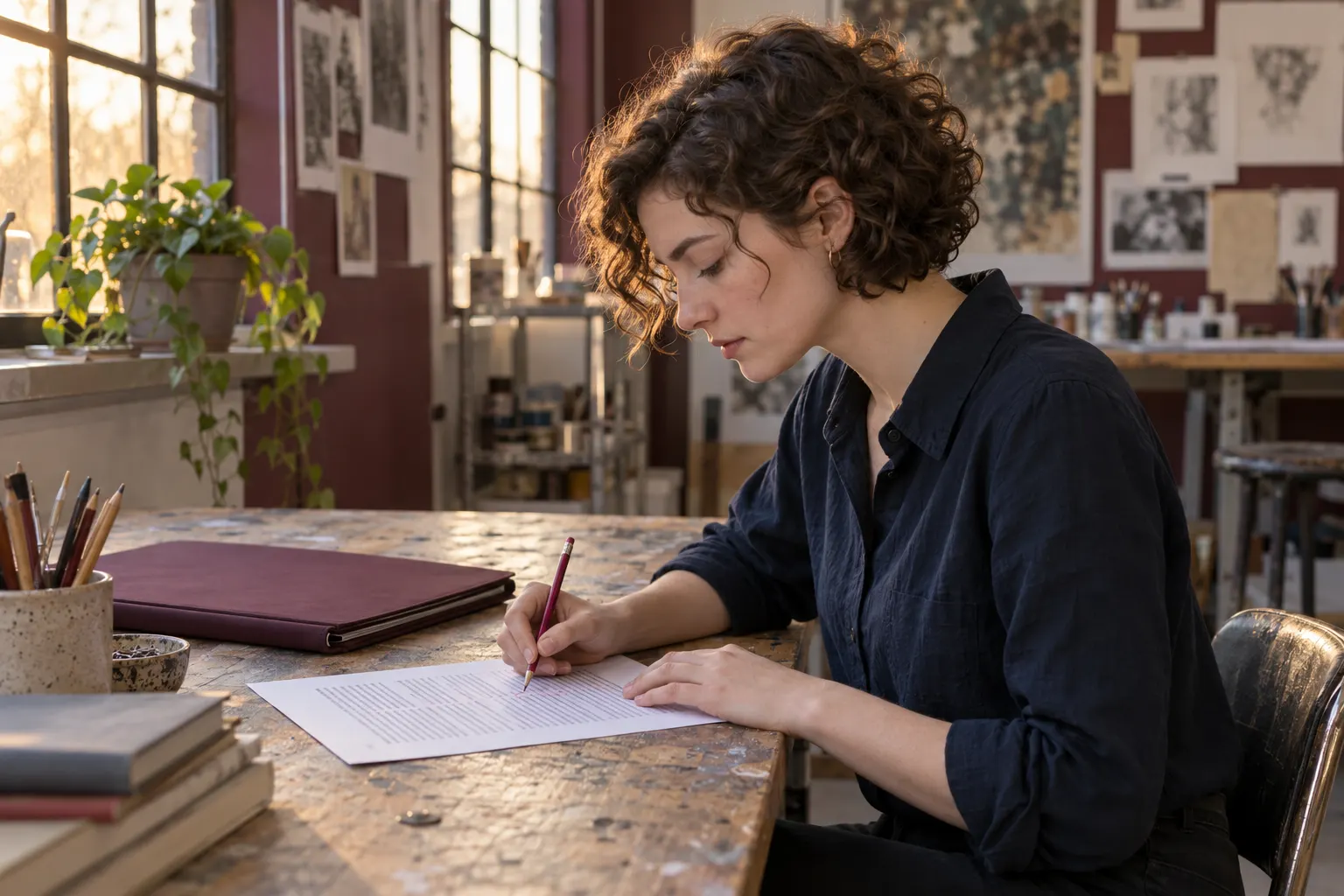 Femme aux cheveux courts bouclés corrigeant au crayon un paragraphe imprimé sur un établi d'atelier