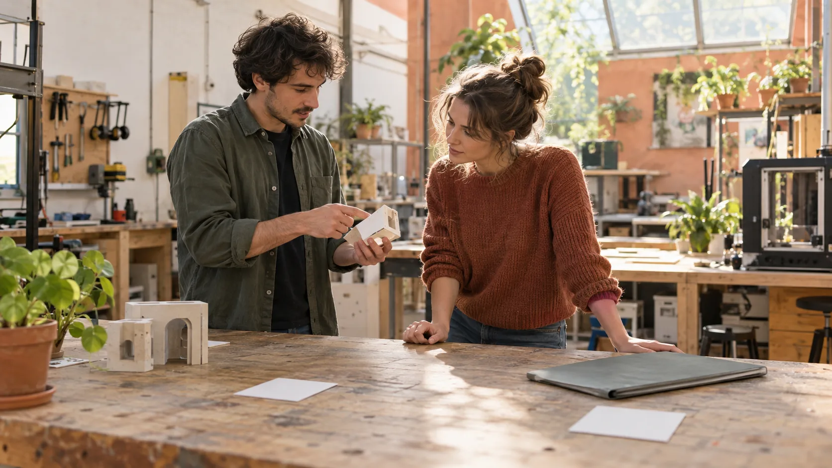 Two professionals discussing an anonymous workpiece in a workshop