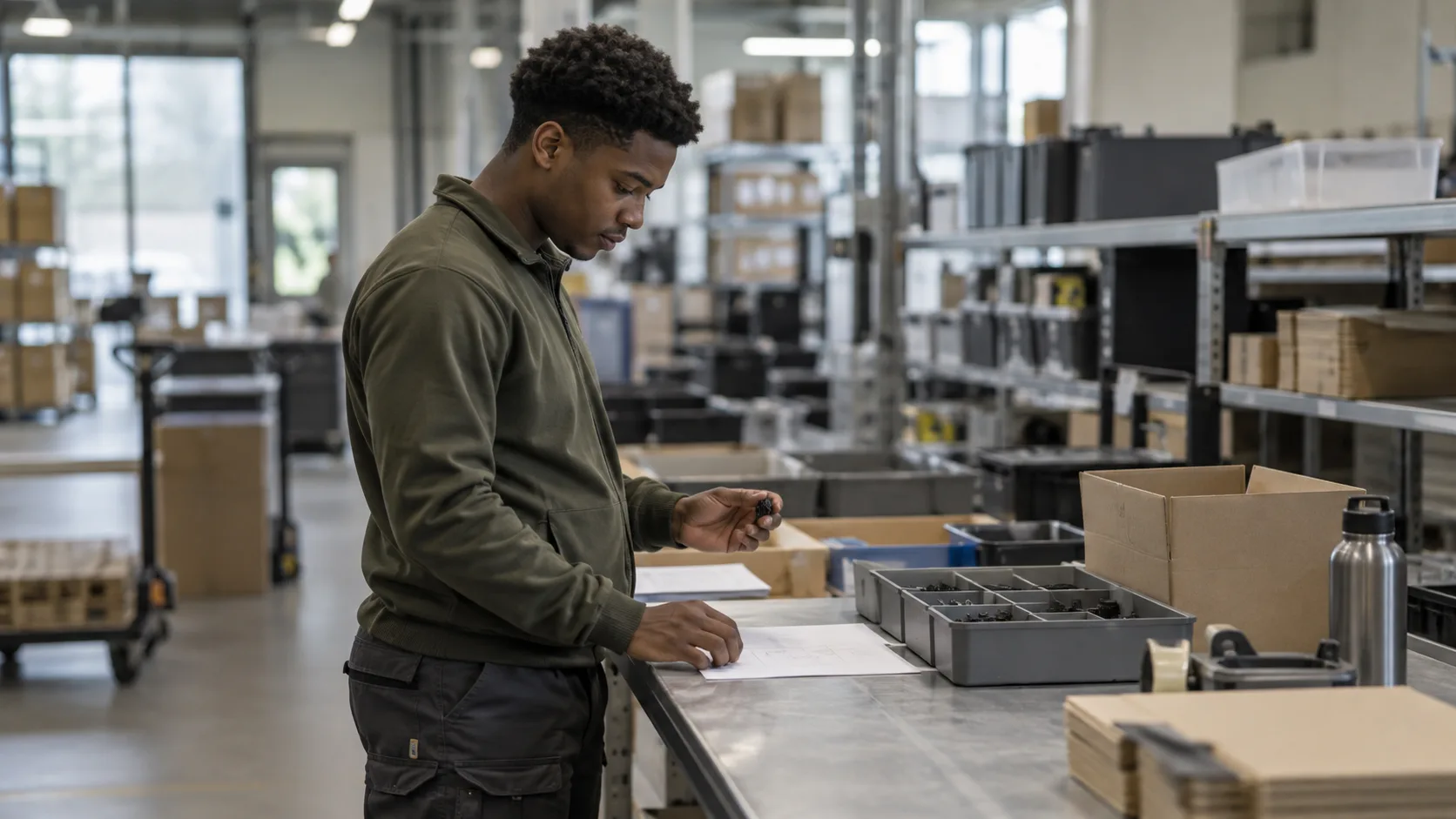 Young worker checking an anonymous parts list and materials in a logistics setting