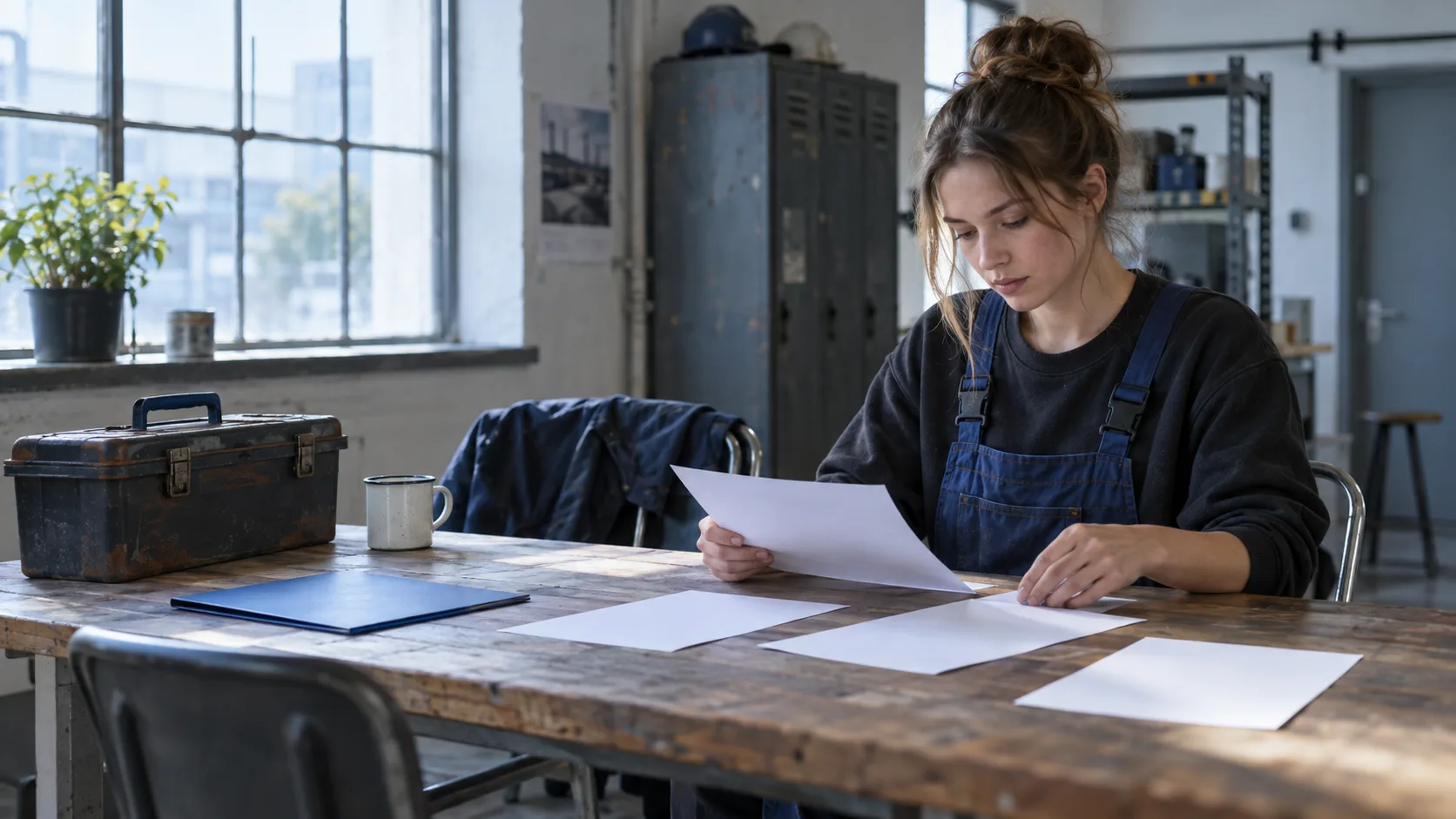 Young professional organizing anonymous papers at a table in a workshop