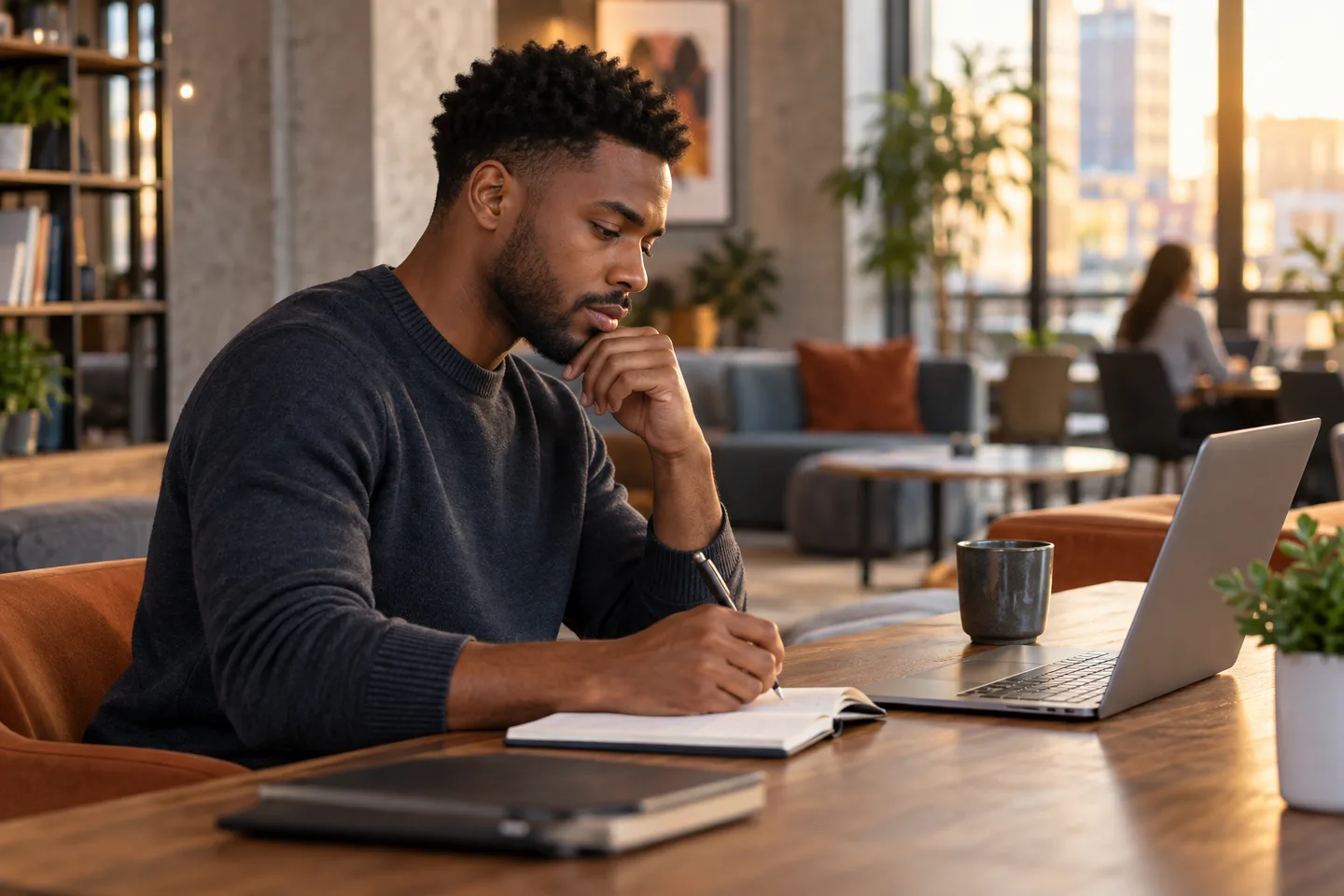 Young professional reviewing work accomplishments in a notebook beside a laptop in a coworking space
