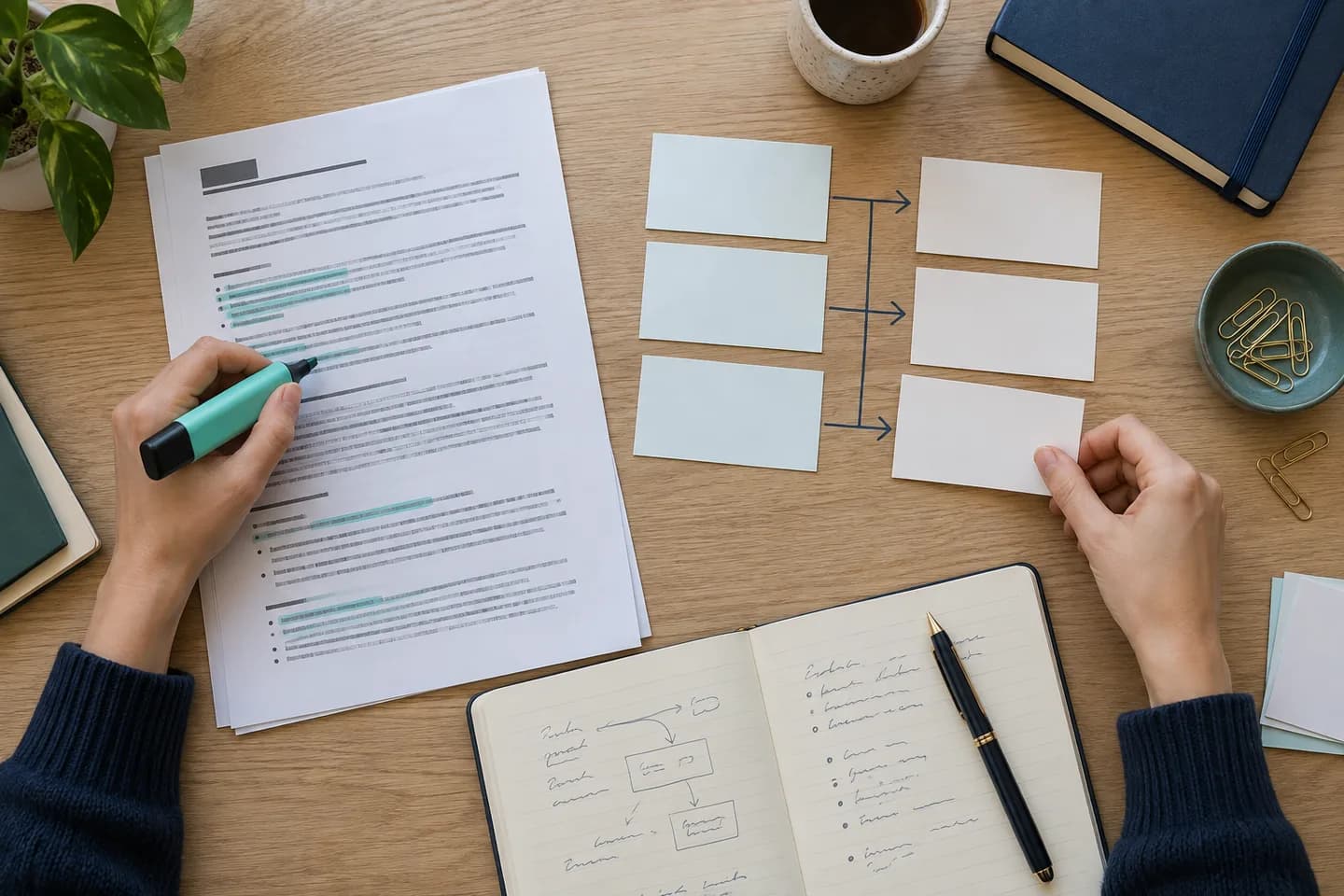 Hands highlighting a vacancy and arranging blank cards into an evidence map on a wooden desk