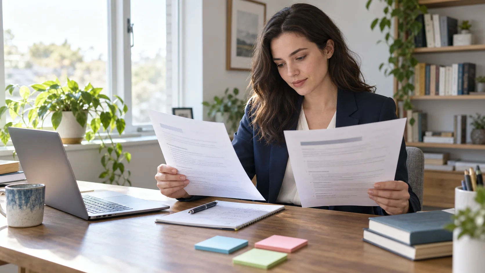 Young professional comparing a printed resume with a job description at a bright home office desk
