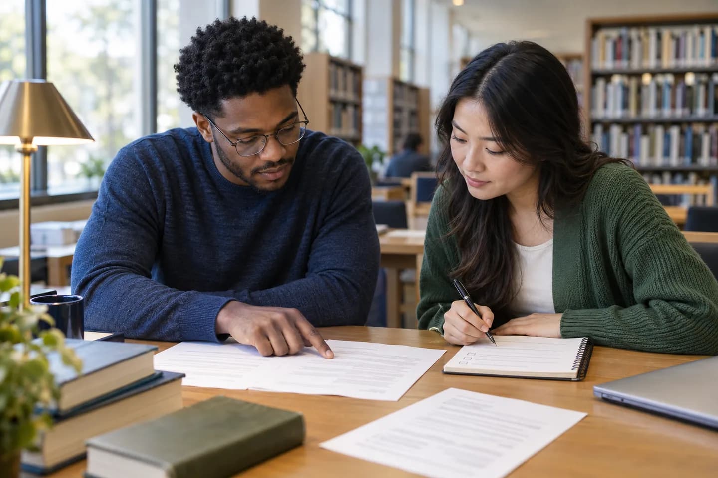 Two young professionals carefully proofreading a printed resume and checklist together in a library