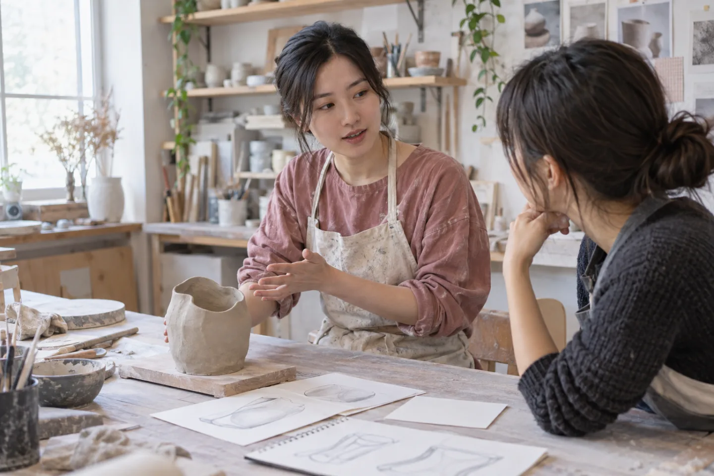 Young adult explaining a real student design project in a ceramics studio