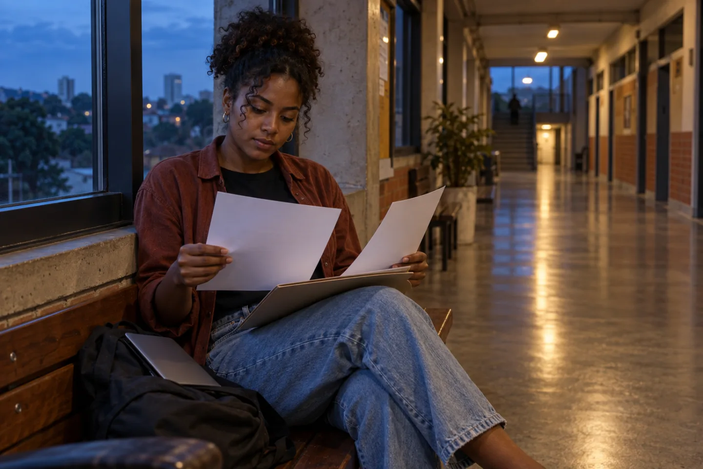 Young adult checking anonymous study records in a college corridor at blue hour