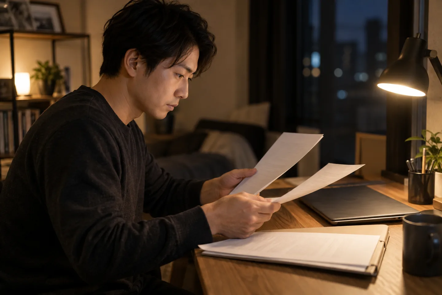 Young adult reviewing anonymous education and application documents at a home desk at night