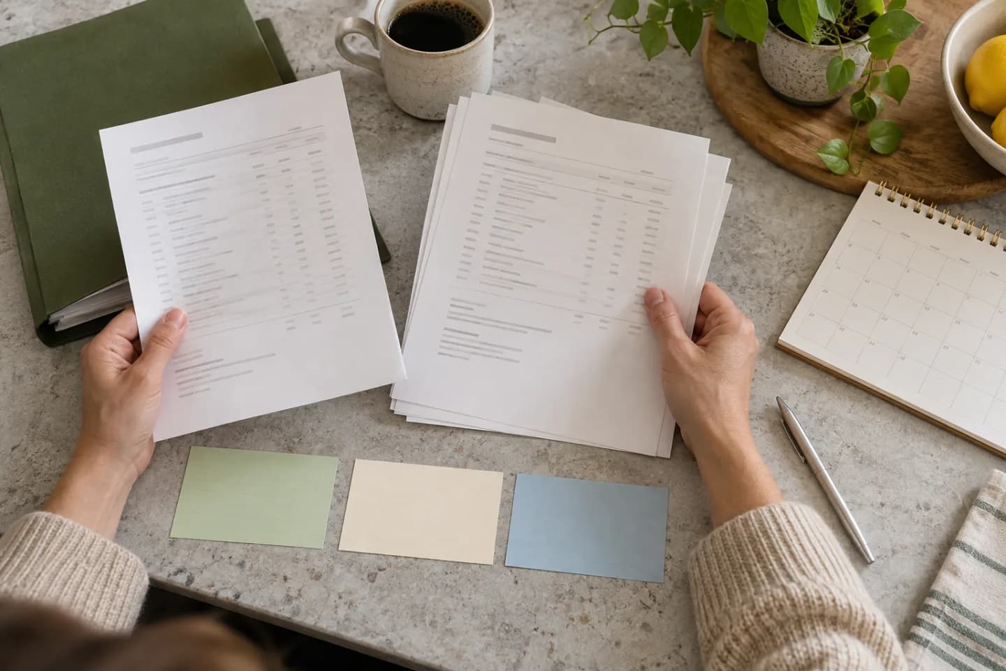 Hands comparing anonymous academic records with three blank status cards