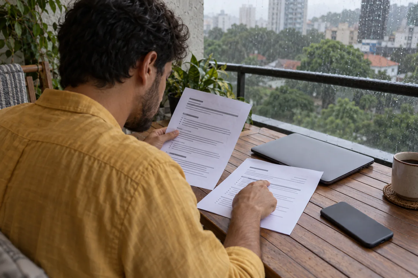Young adult matching an anonymous job brief with a resume on a rainy balcony