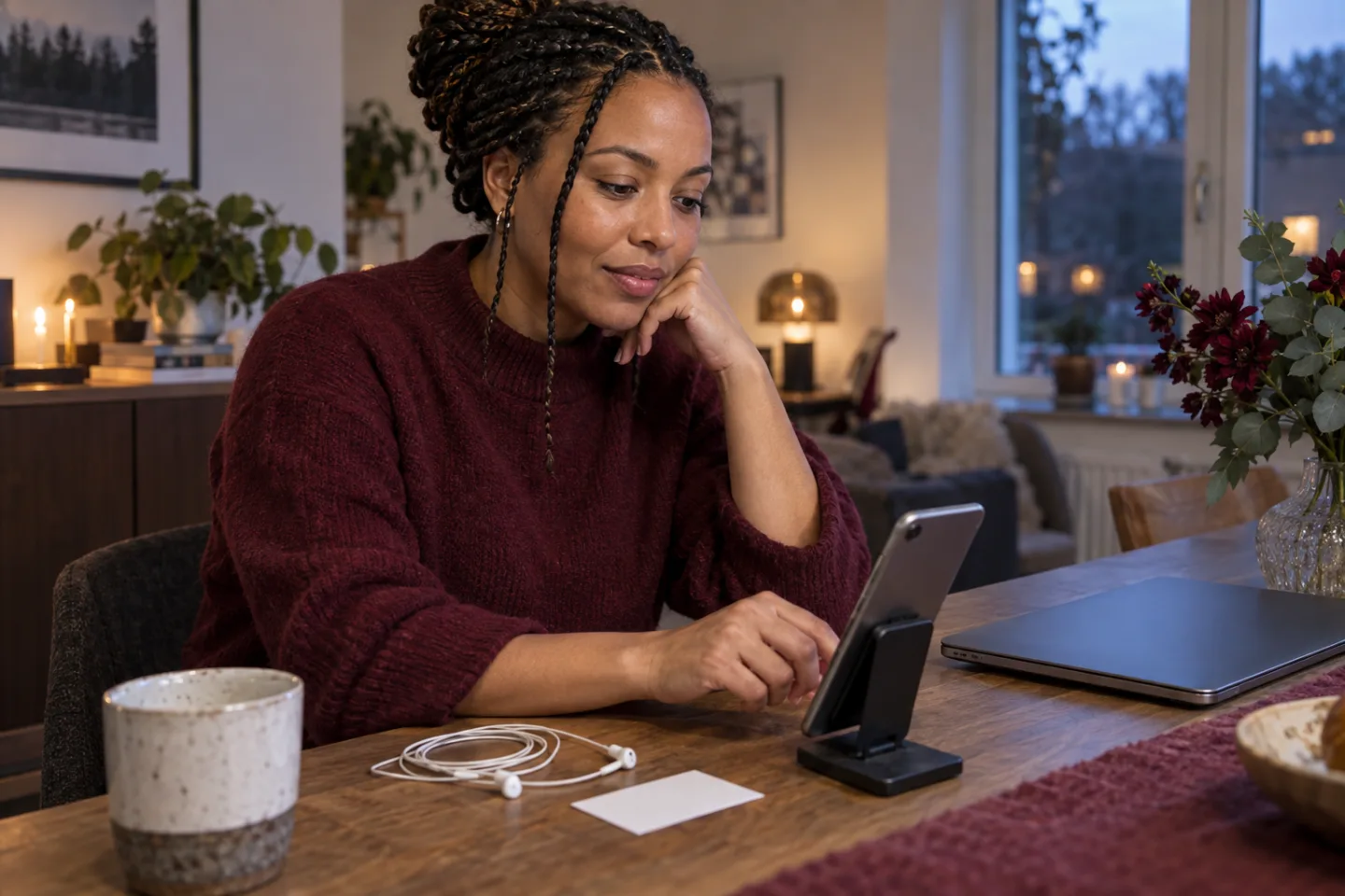 Young adult checking a phone stand, wired earbuds and a blank contact card beside a closed laptop