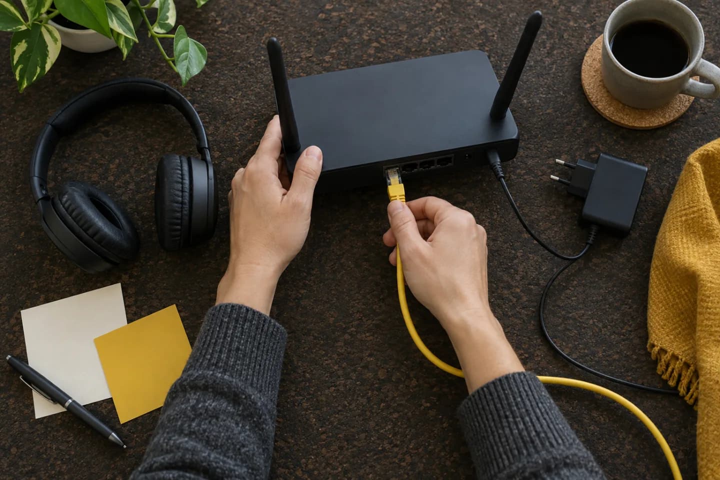 Hands arranging a network cable, router, power adapter and headphones beside blank reminder cards