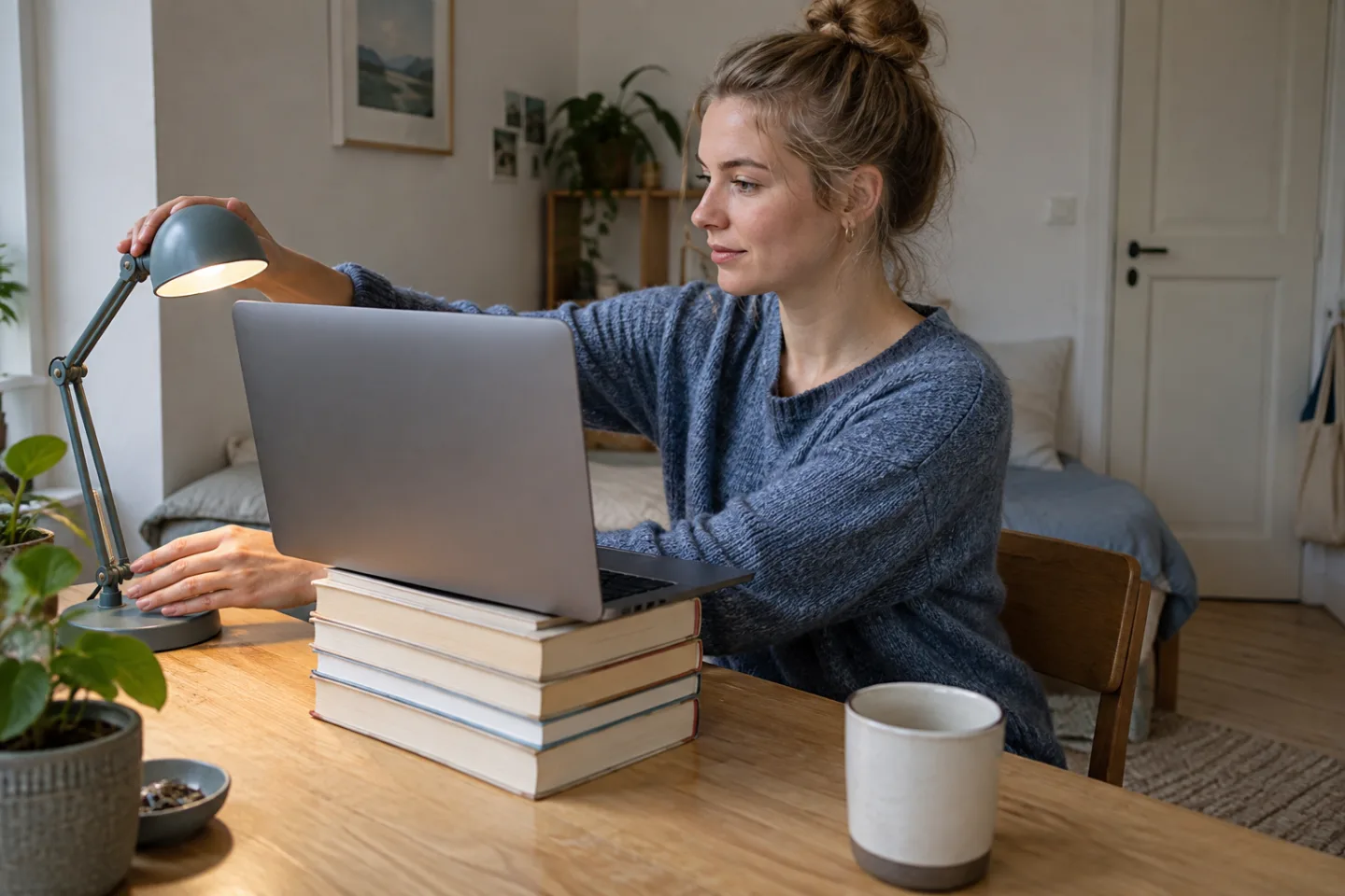 Young adult adjusting a lamp beside a safely raised laptop in a small shared apartment