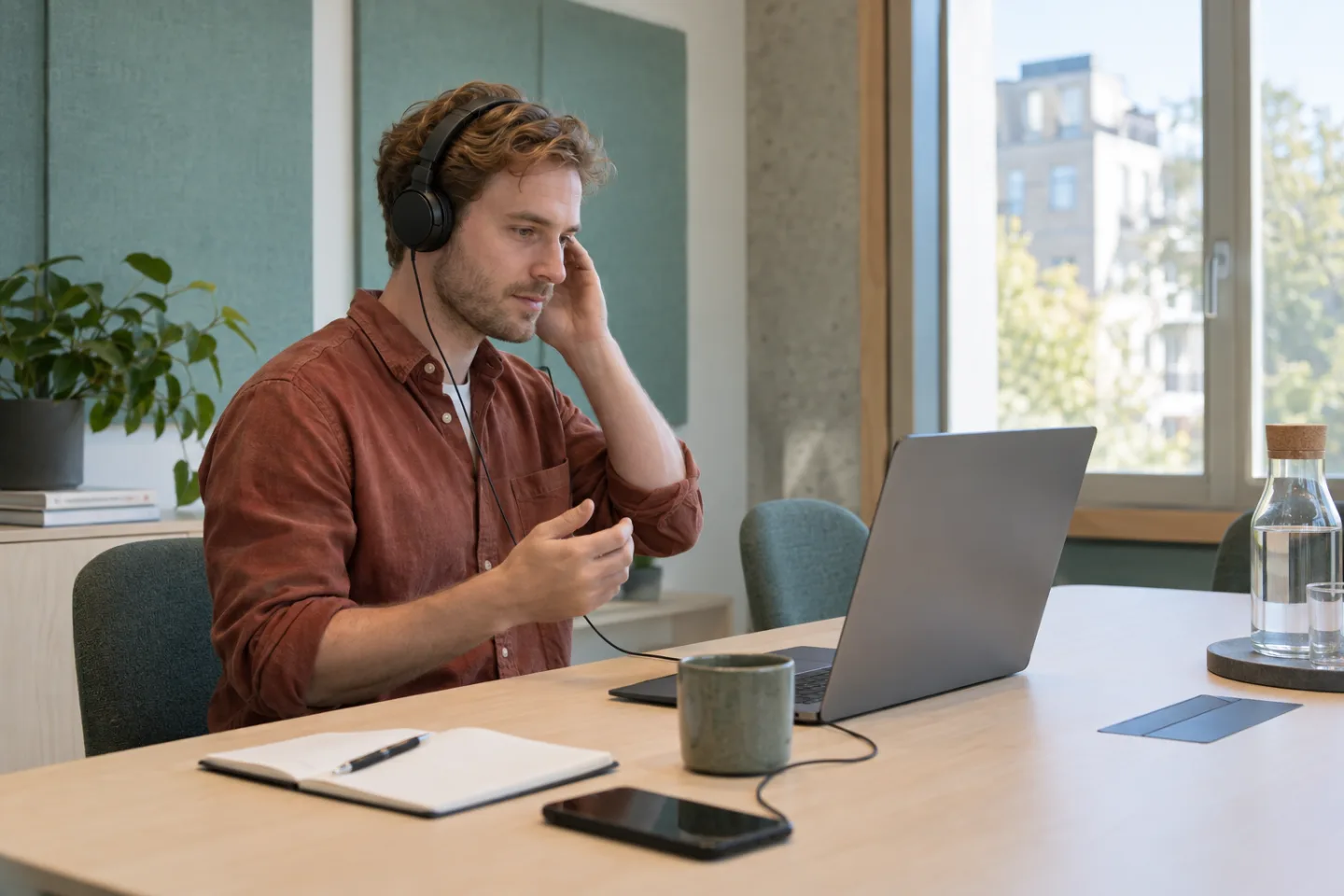 Young adult checking wired headphones beside a laptop in a quiet bookable meeting room