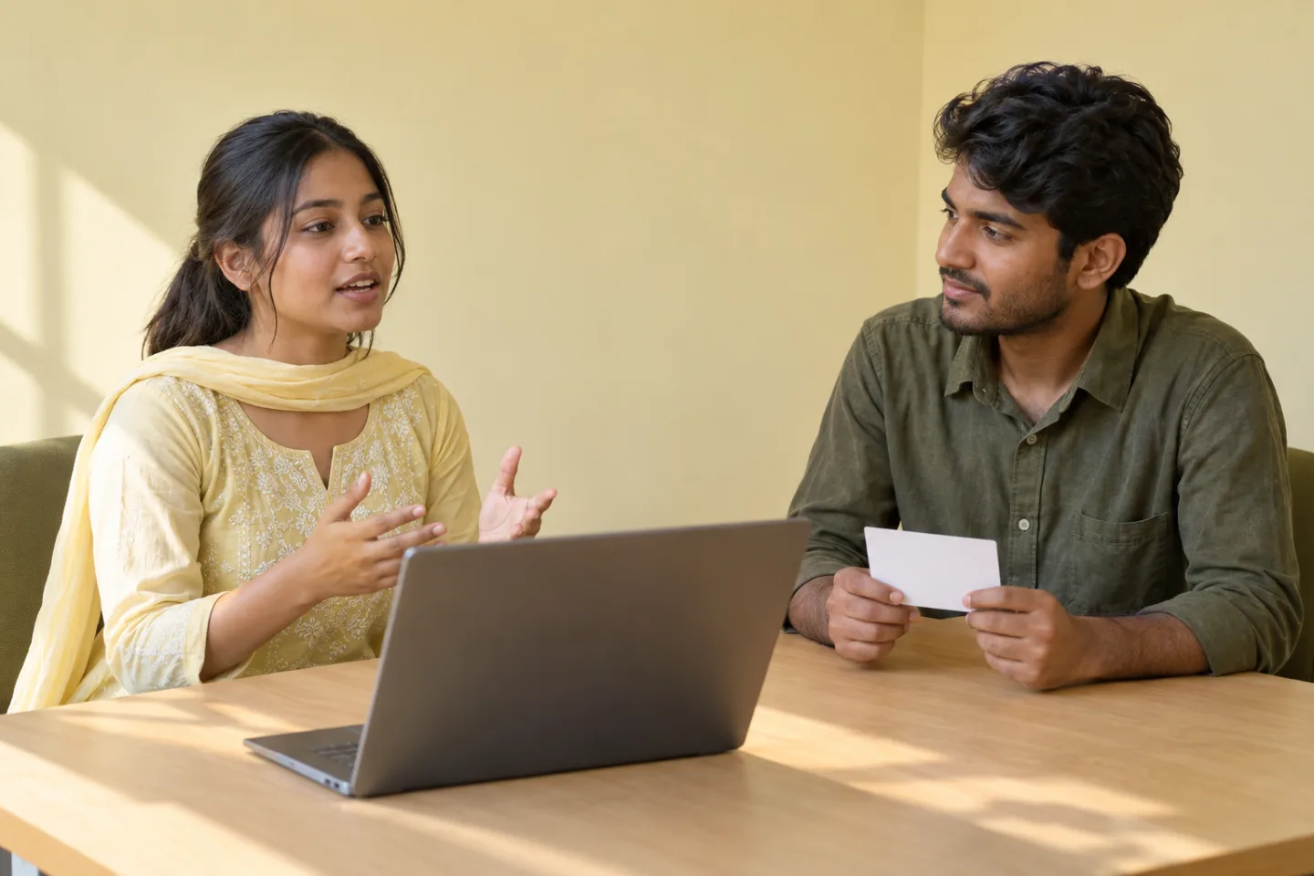 Two adults rehearsing an interview example with a laptop and a blank cue card in a community room