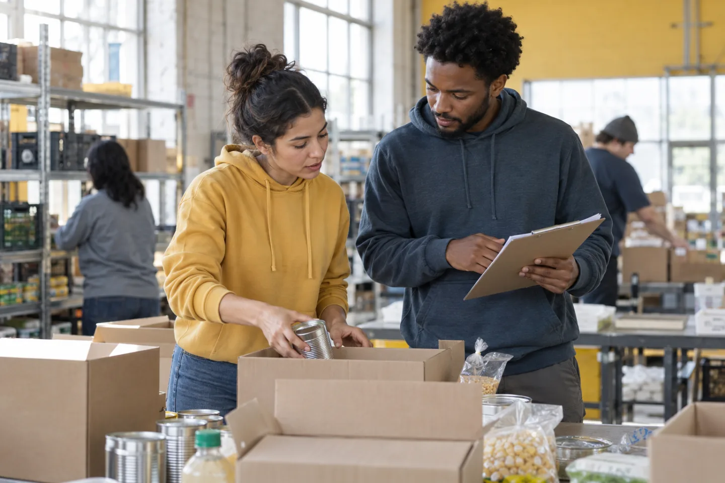 Two young volunteers checking a blank task sheet while sorting unlabelled food-bank boxes