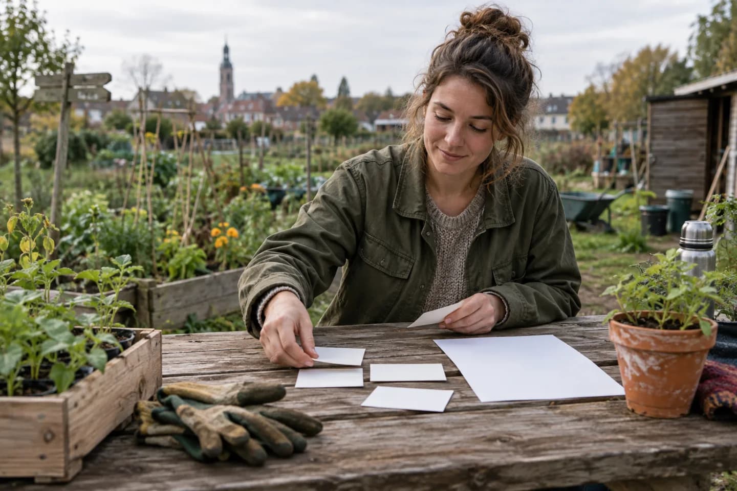 Young volunteer in a community garden sorting blank project cards beside an anonymous resume page