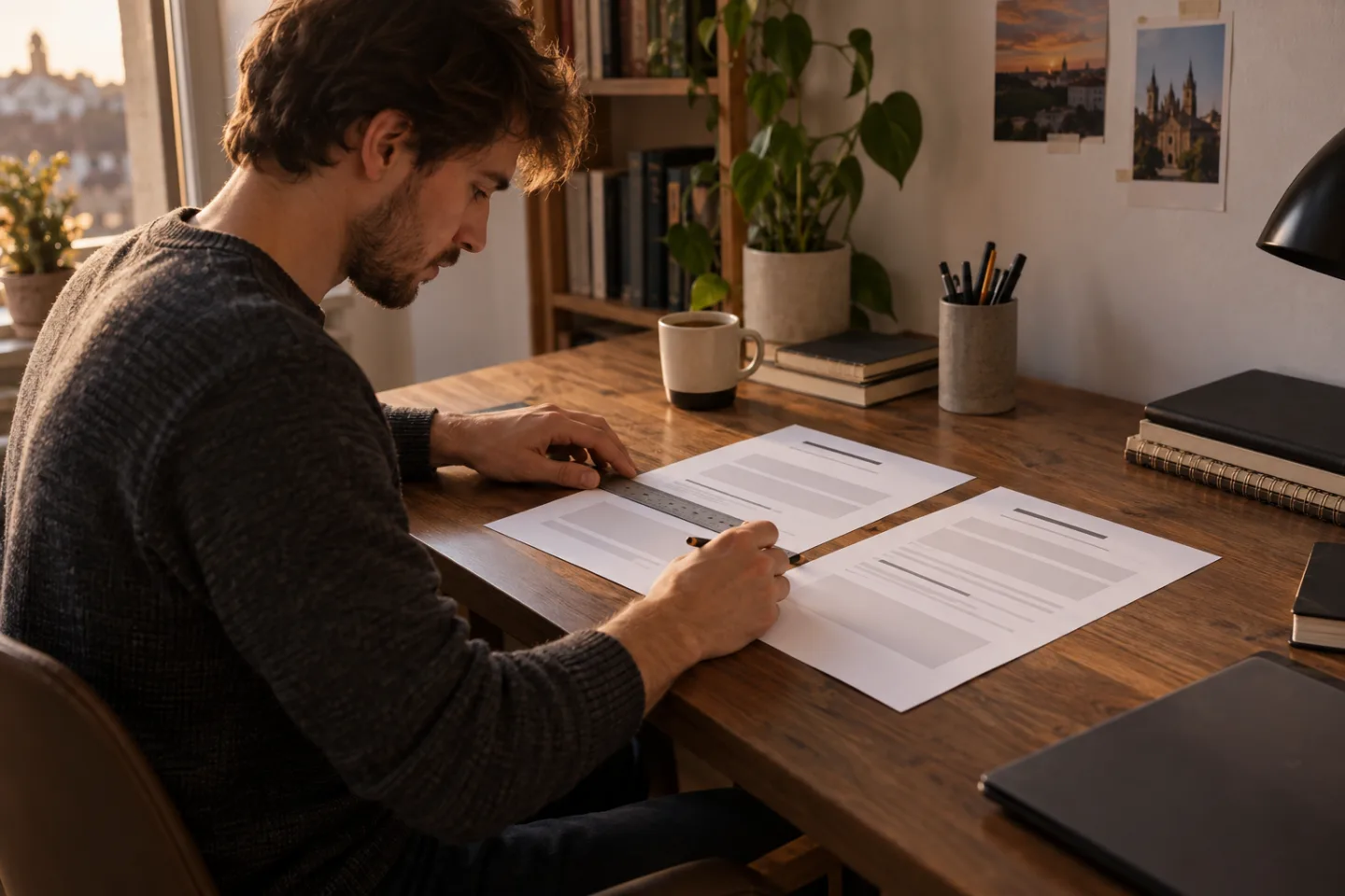 Young adult arranging anonymous resume pages into separate employment and volunteer sections