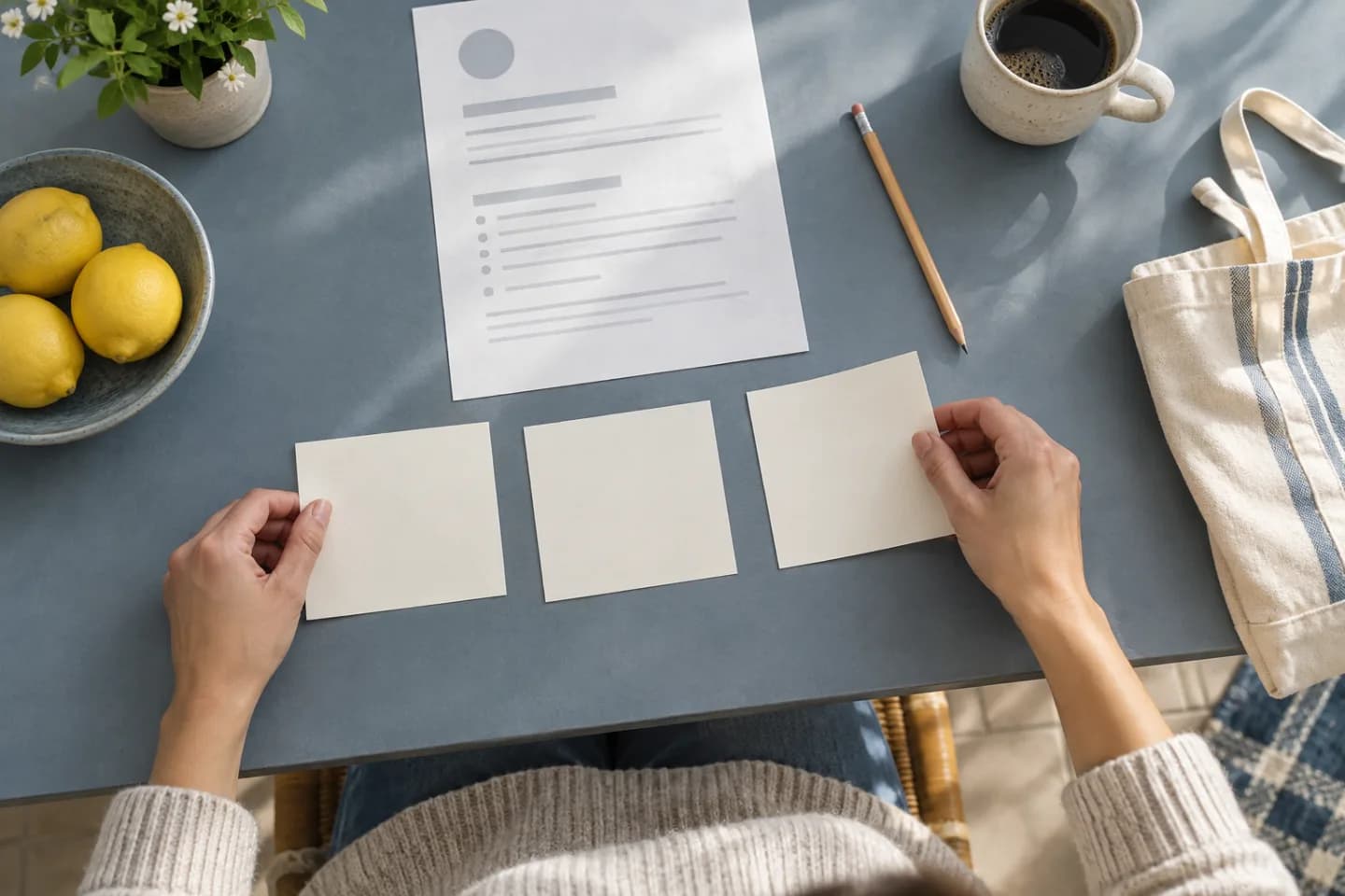 Hands sorting blank volunteer-task cards beside an anonymous job posting on a blue-gray table