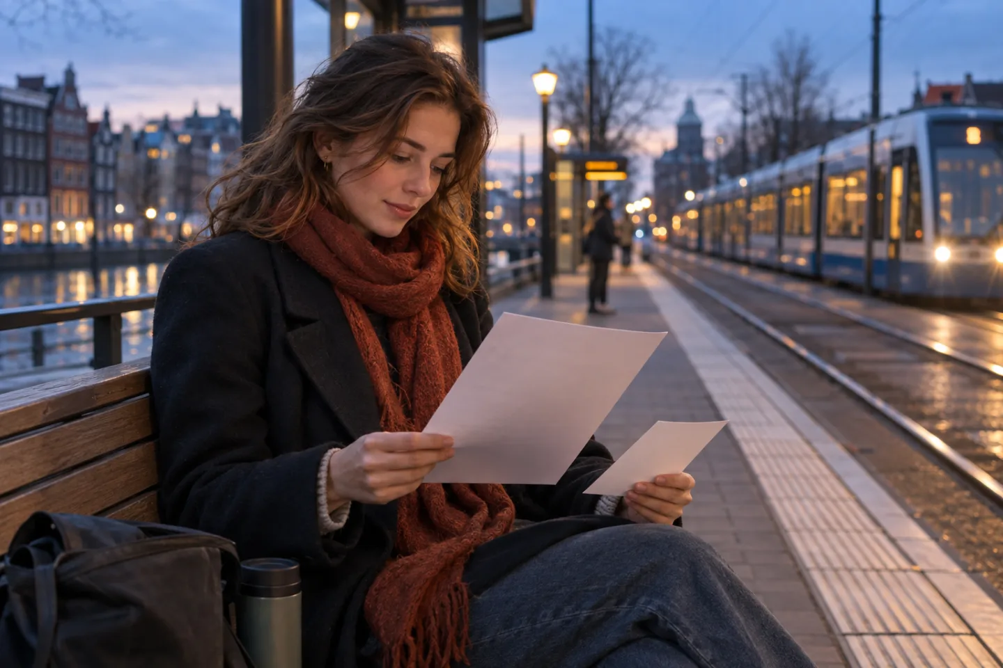 Young adult checking an anonymous resume and a blank permission note at a quiet tram stop